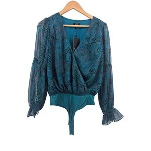 Fate Bodysuit Womens Small Teal Blue Abstract Dot Metallic Lurex FT7057 NEW